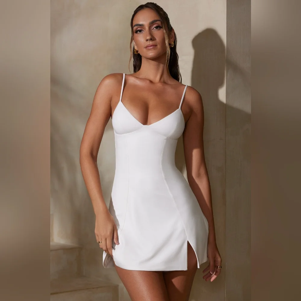 OH POLLY | SAYLOR Triangle Cup Spaghetti Strap Mini Dress in White - Picture 1 of 7